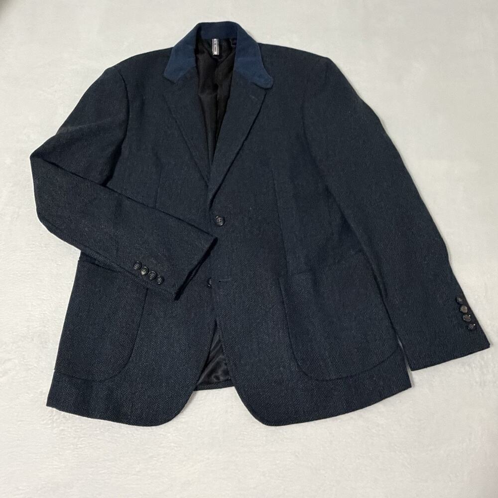 PJ PAUL JONES Mens Herringbone Blazer Vintage Sport Coat Jacket Blue Size Large